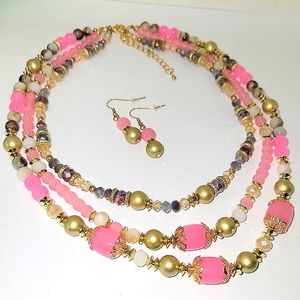 NEW! Faux Pearl & Multi-Color Glass, Pink Beaded Triple-Row Necklace